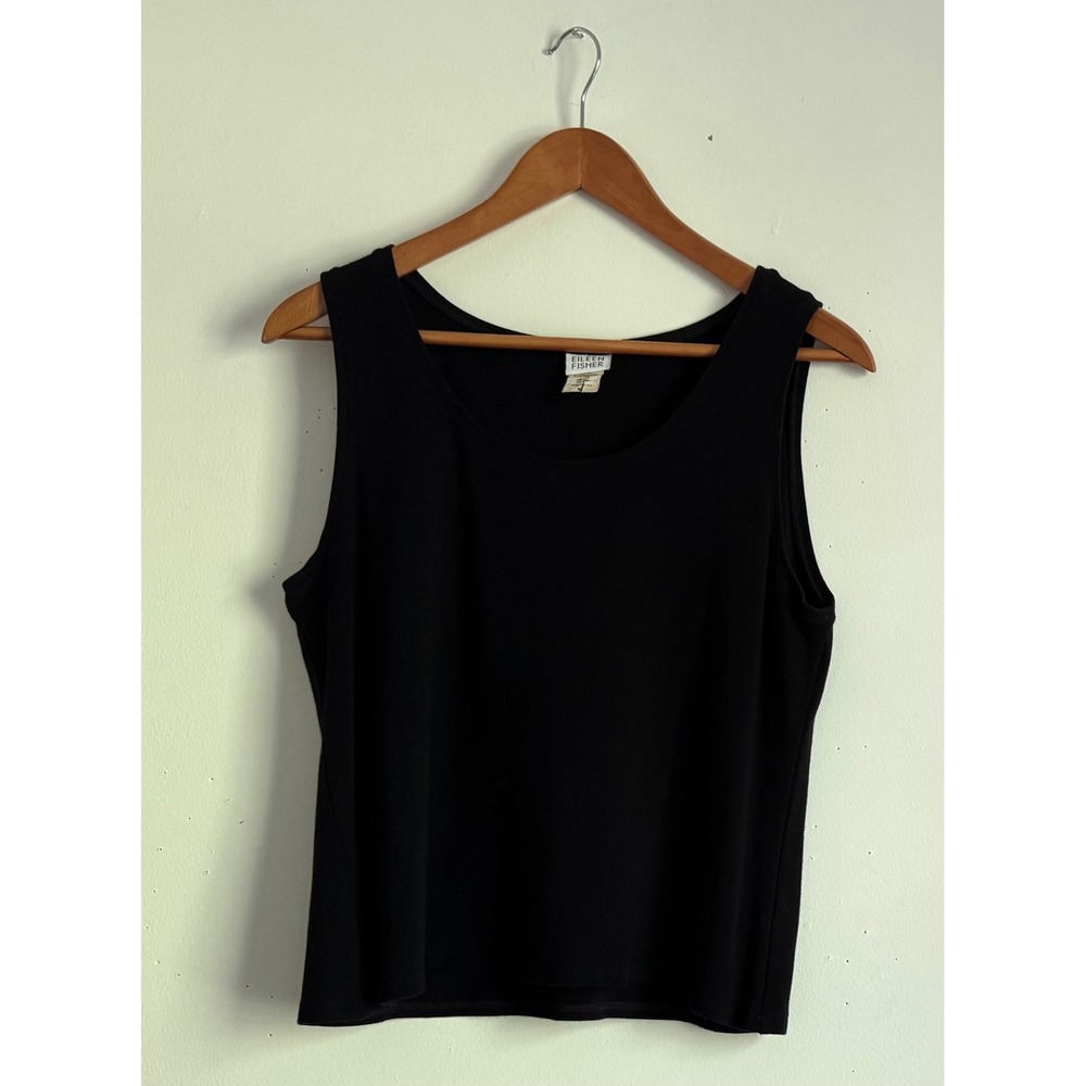 Eileen Fisher Black Scoop Neck Tank Top Rayon Lycra Blend Made in USA Medium